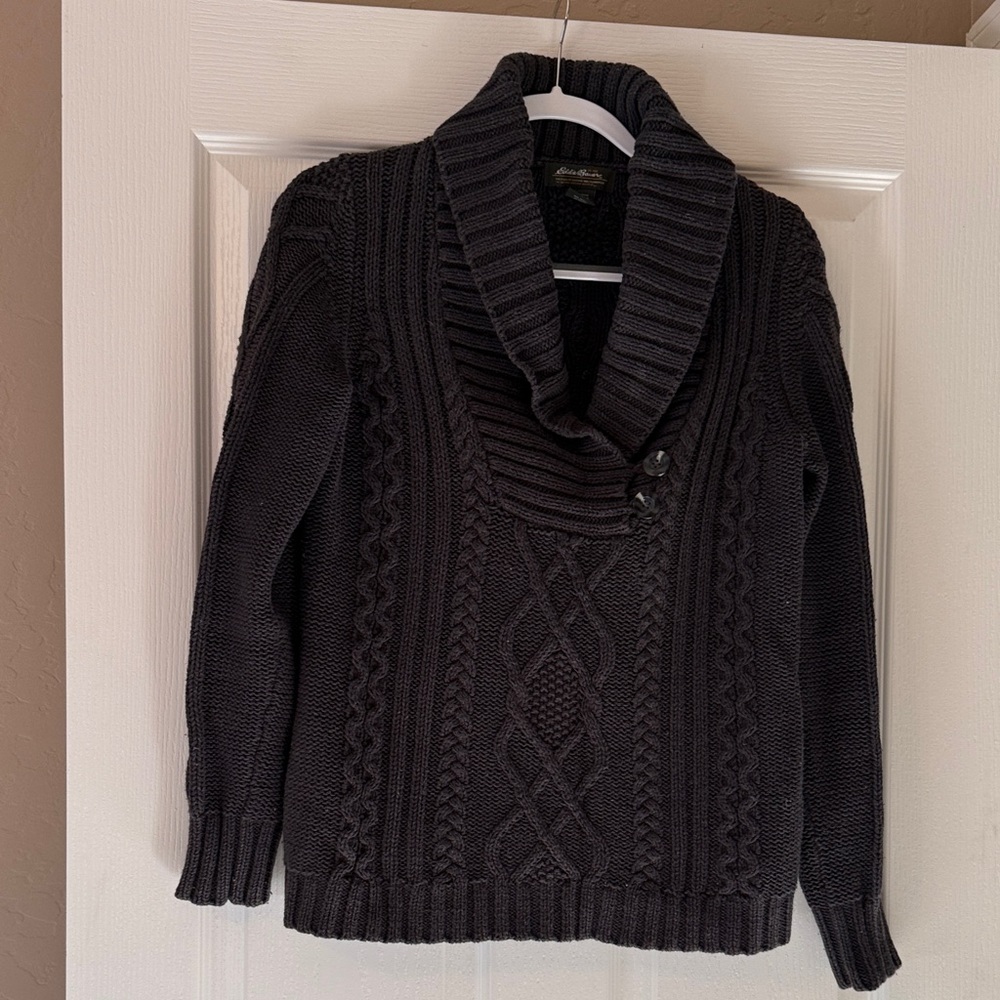 Eddie Bauer Charcoal Cable Knit Cowl Neck Sweater